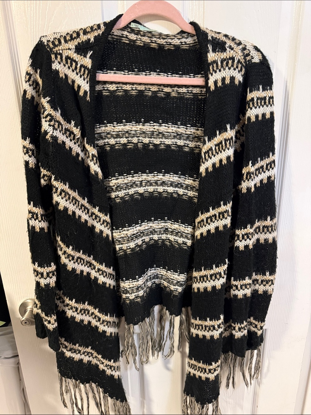 Maurices Black, Cream & Gray Fringe Open-Front Cardigan